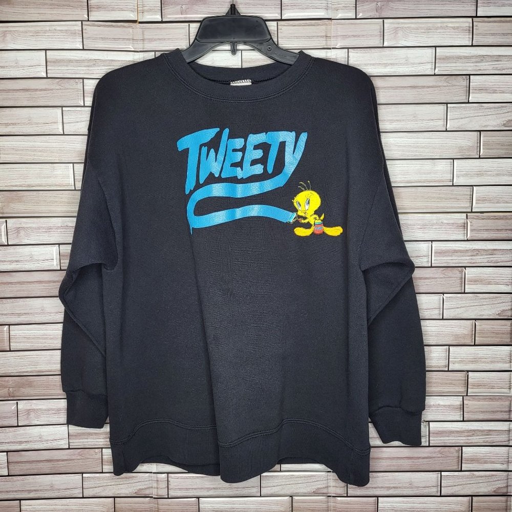 Vintage 90's Sweatshirt Size Medium Tweety Bird Looney Tunes Black Crewneck Top